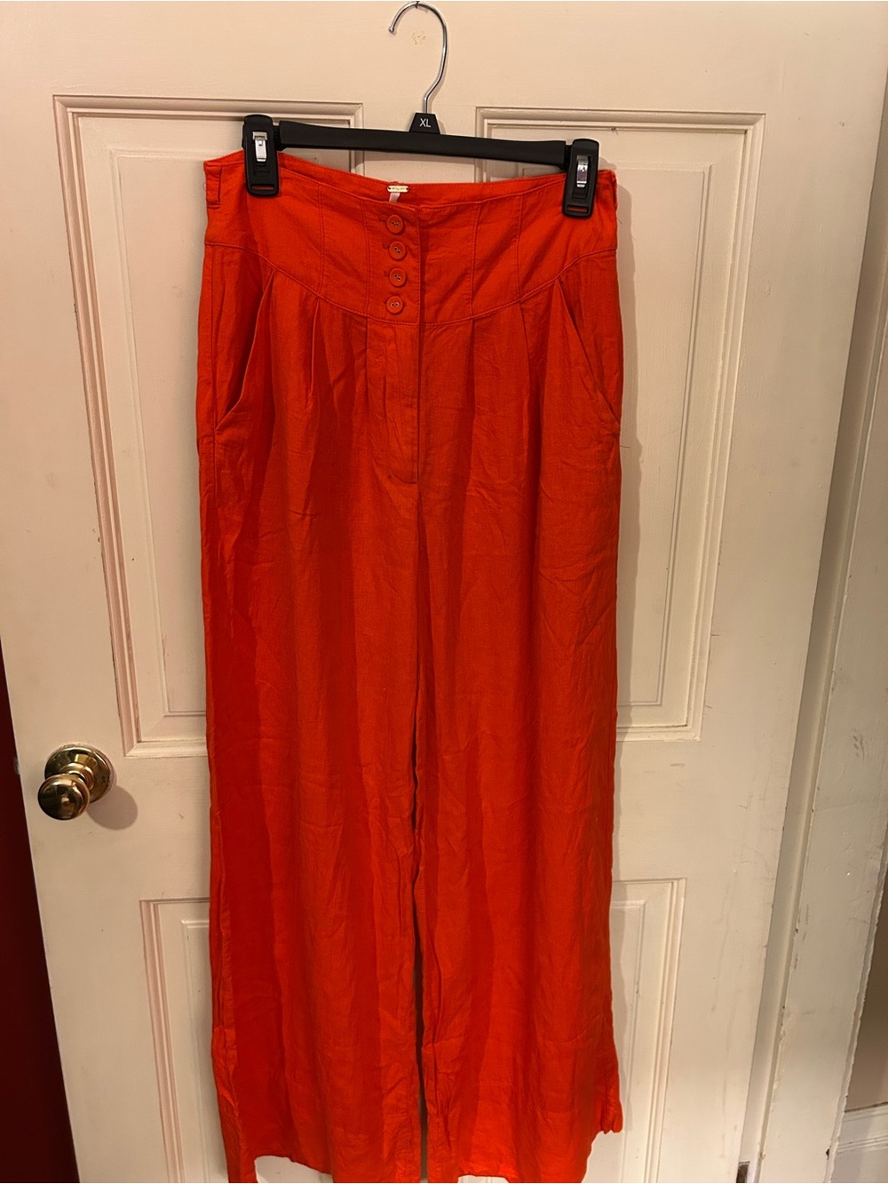 Free People High-Rise Wide-Leg Button Front Pants in Bright Orange